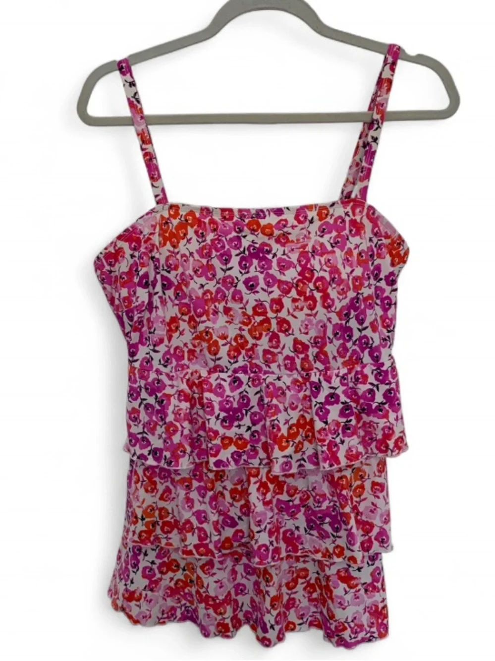 Lane Bryant Floral Pink Tiered Spaghetti-Strap Tankini Swim Top